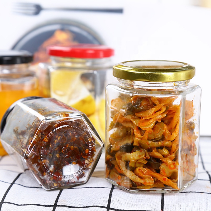 Hotsale 50ml 100ml 150ml 300ml 500ml 750ml hexagonal honey jar glass with black lid