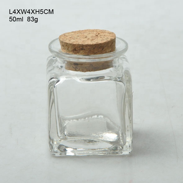 Hotsale 50ml mini square glass jar with cork lid
