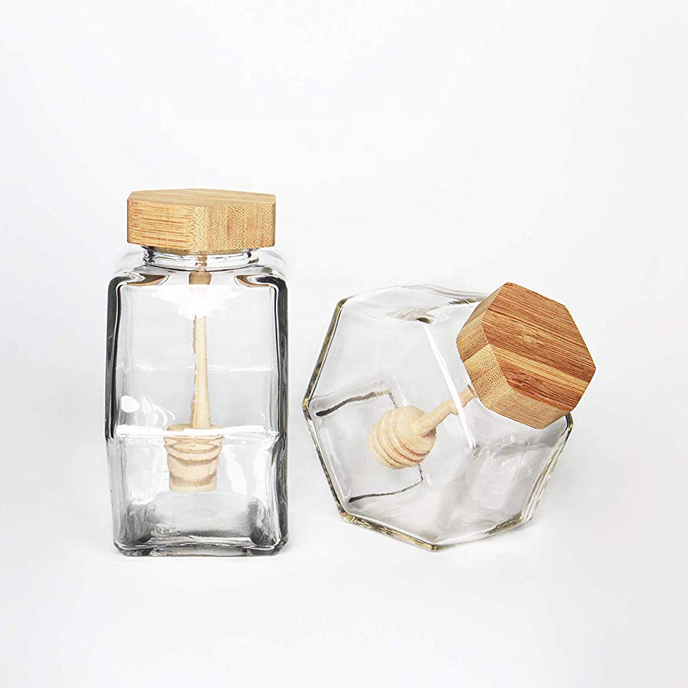 Hotsale hexagonal glass jar with wooden bamboo lid and dipper for honey