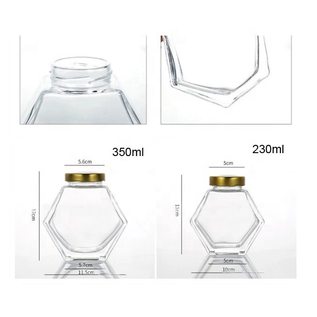 Hotsale hexagonal glass jar with wooden bamboo lid and dipper for honey