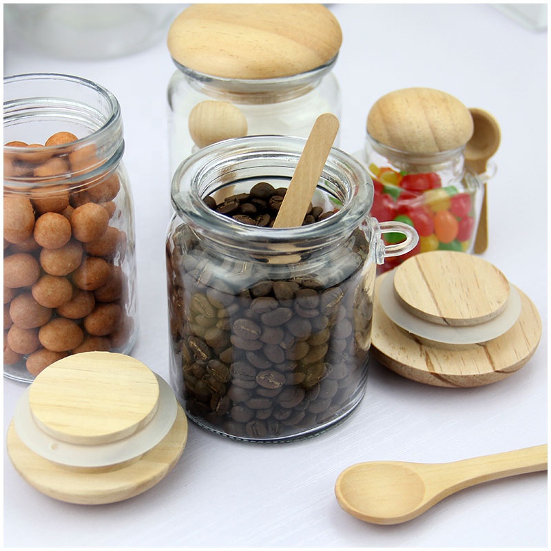 Hotsale round 200ml glass spice jar with cork wooden lid and spoon