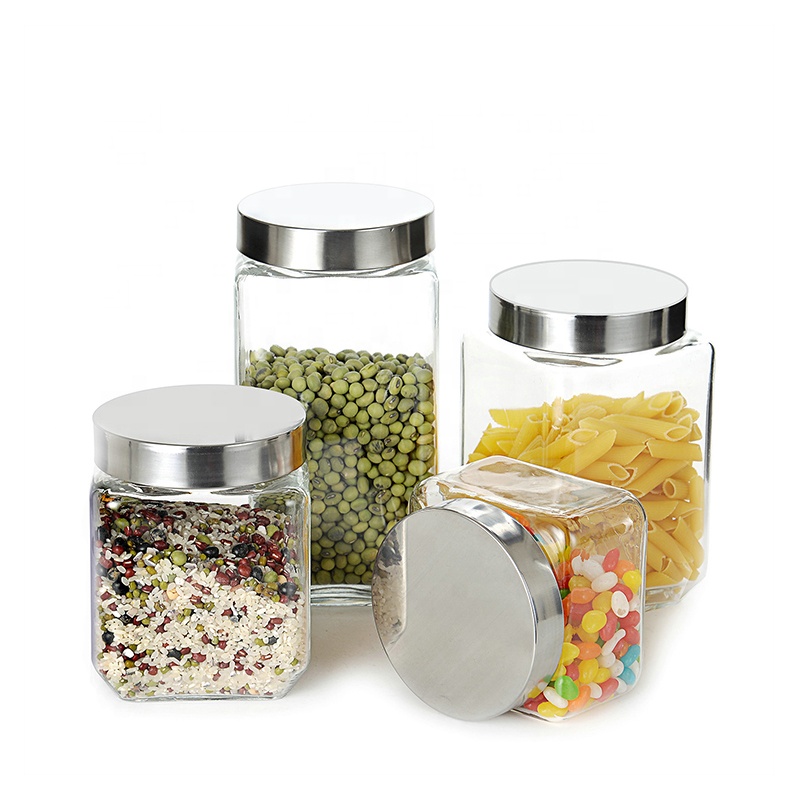 Hotsale square 500ml 1000ml 2000ml glass cookie storage jar with screw metal lid
