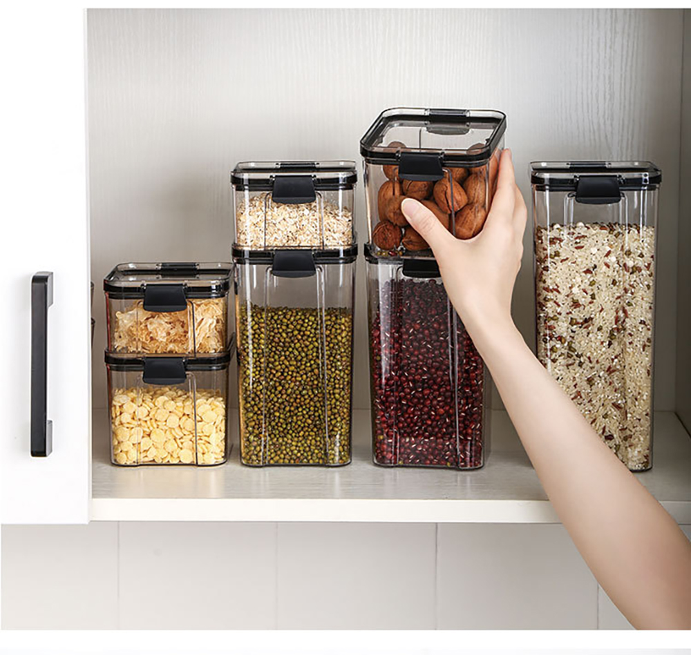 Household Cereal Kitchen Storage Box Snacks and Nuts Dry Goods Containers with Transparent Black Lid