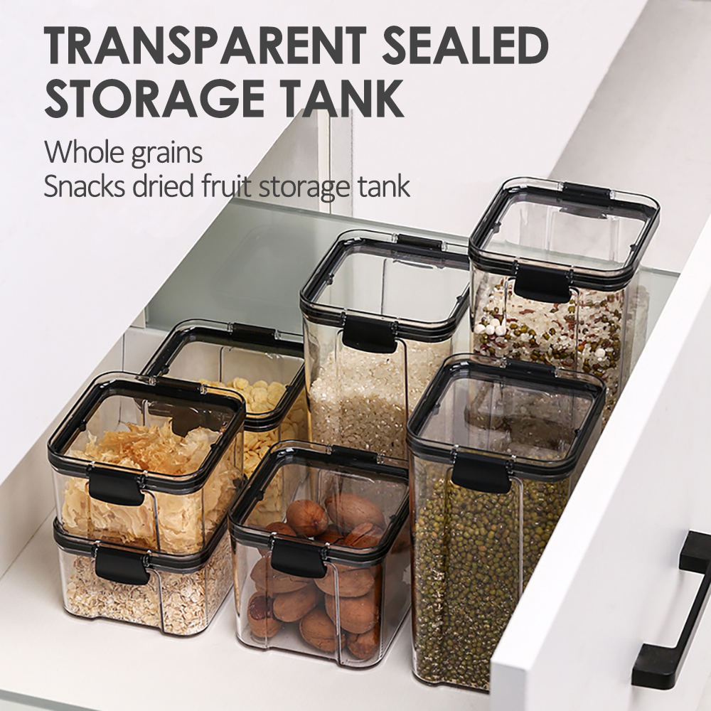 Household Cereal Kitchen Storage Box Snacks and Nuts Dry Goods Containers with Transparent Black Lid