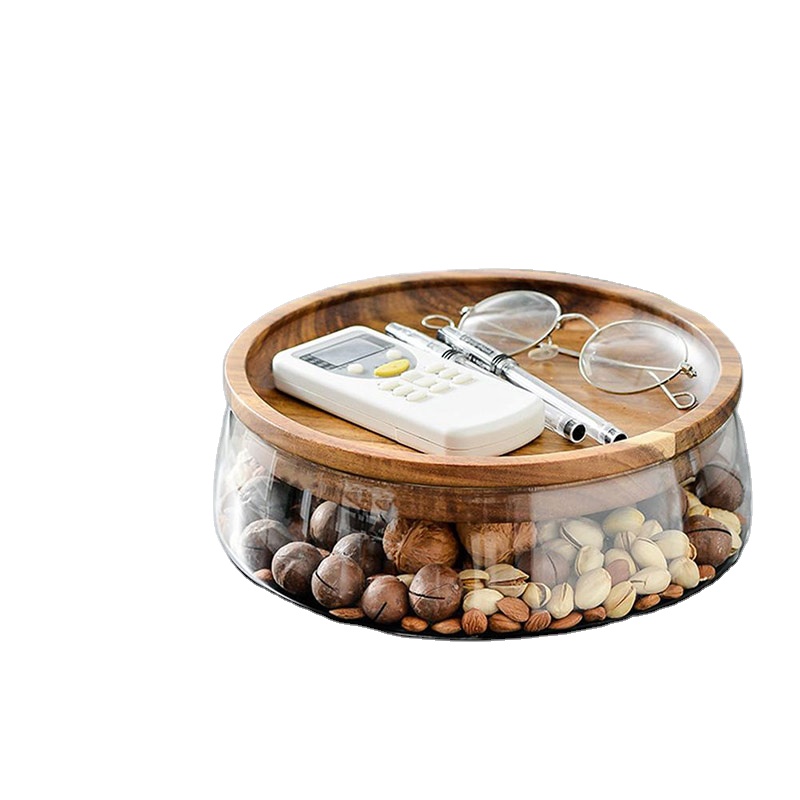 Household Fruit Trays Storage Bins Glass Containers Kitchen Organization Storage Jar with Acacia wood lid