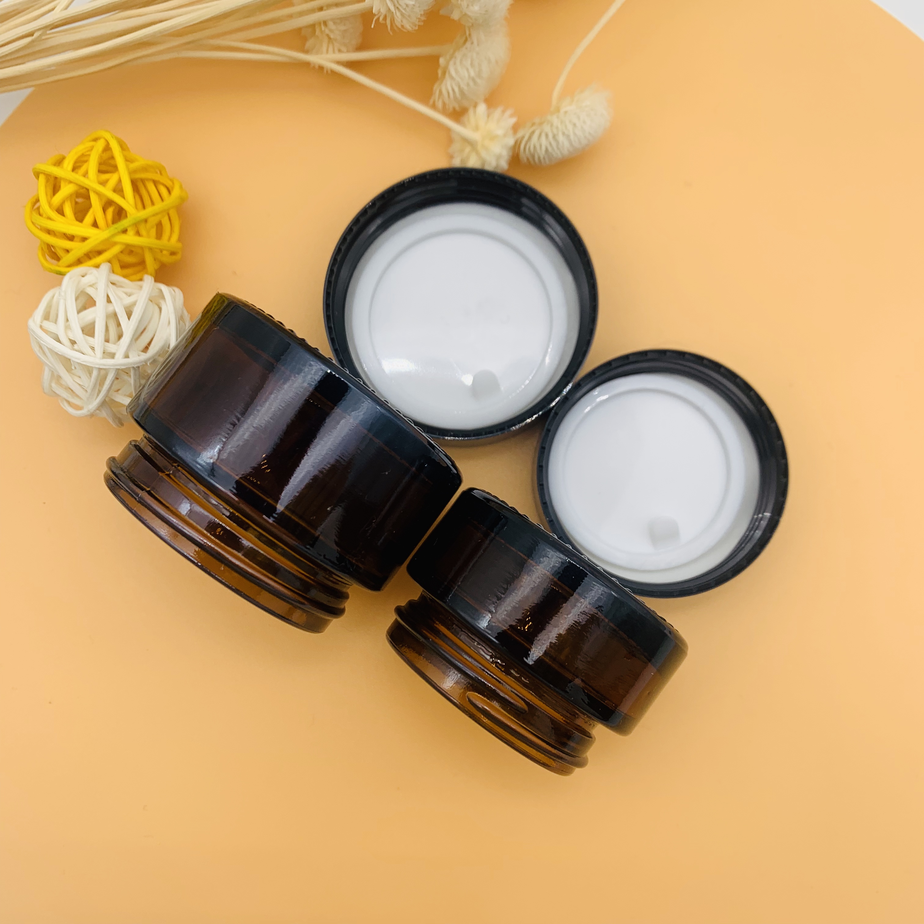 IN STOCK Amber Wide Mouth Cosmetic Cream Glass Jar With Black Lid 30G