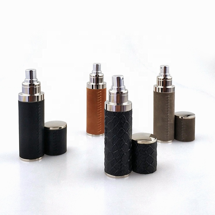 ISO BSCI LVMH factory custom aluminum oil perfume spray bottle with spray atomizer mini PU leather empty glass perfume bottle
