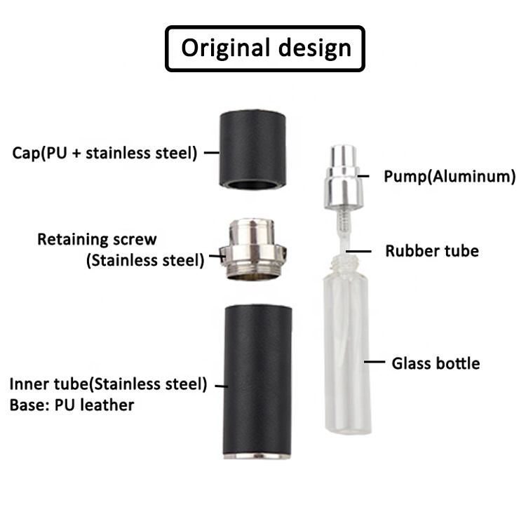 ISO BSCI LVMH factory custom aluminum oil perfume spray bottle with spray atomizer mini PU leather empty glass perfume bottle