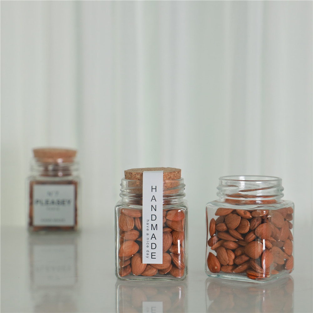 In Bulk Transparent 380ml Jam/ Honey /Canned Food Square Glass Jar with Open Mouth Wooden Cork