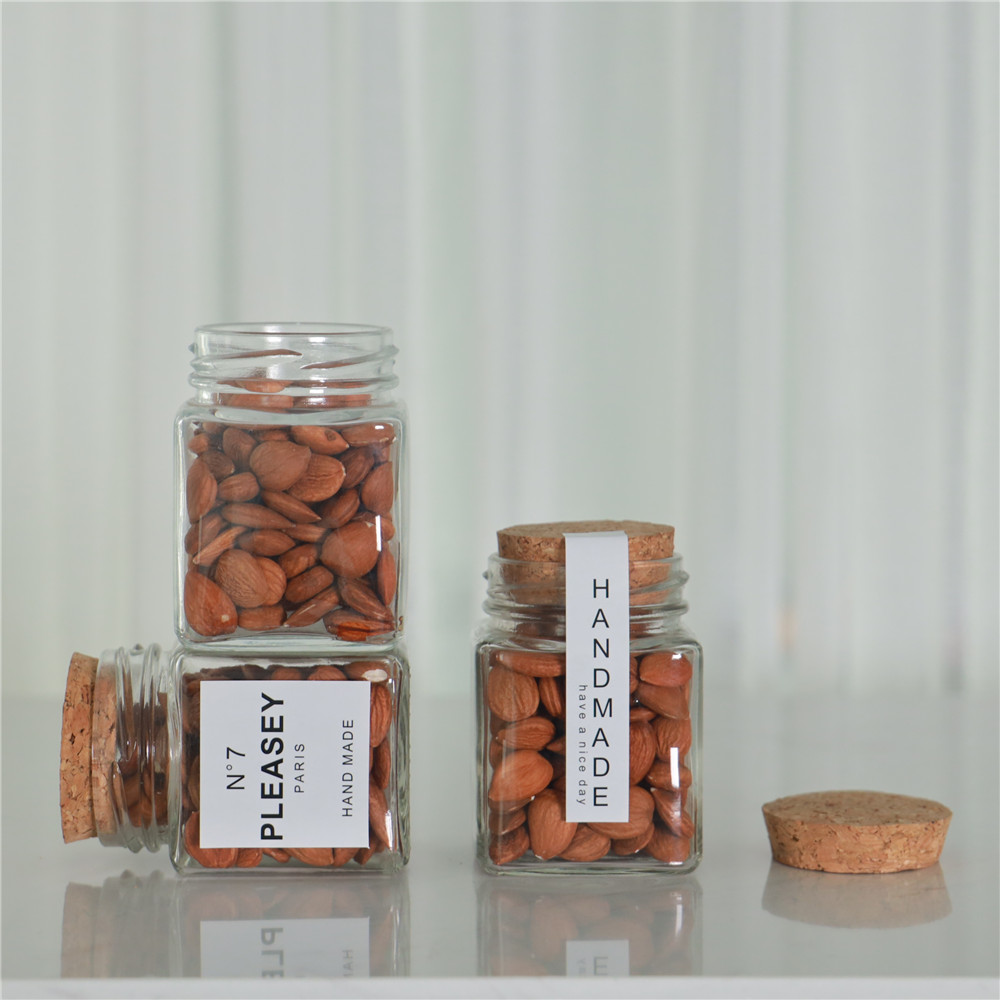 In Bulk Transparent 380ml Jam/ Honey /Canned Food Square Glass Jar with Open Mouth Wooden Cork