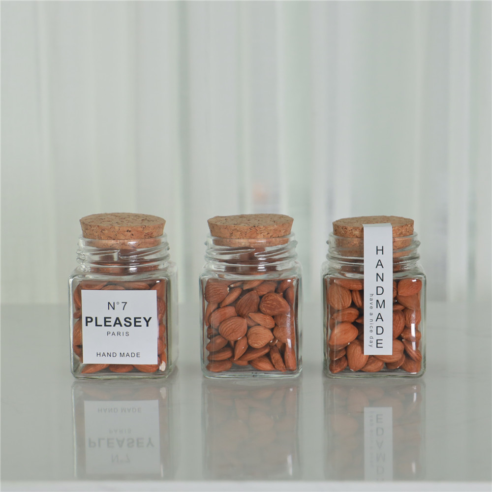 In Bulk Transparent 380ml Jam/ Honey /Canned Food Square Glass Jar with Open Mouth Wooden Cork