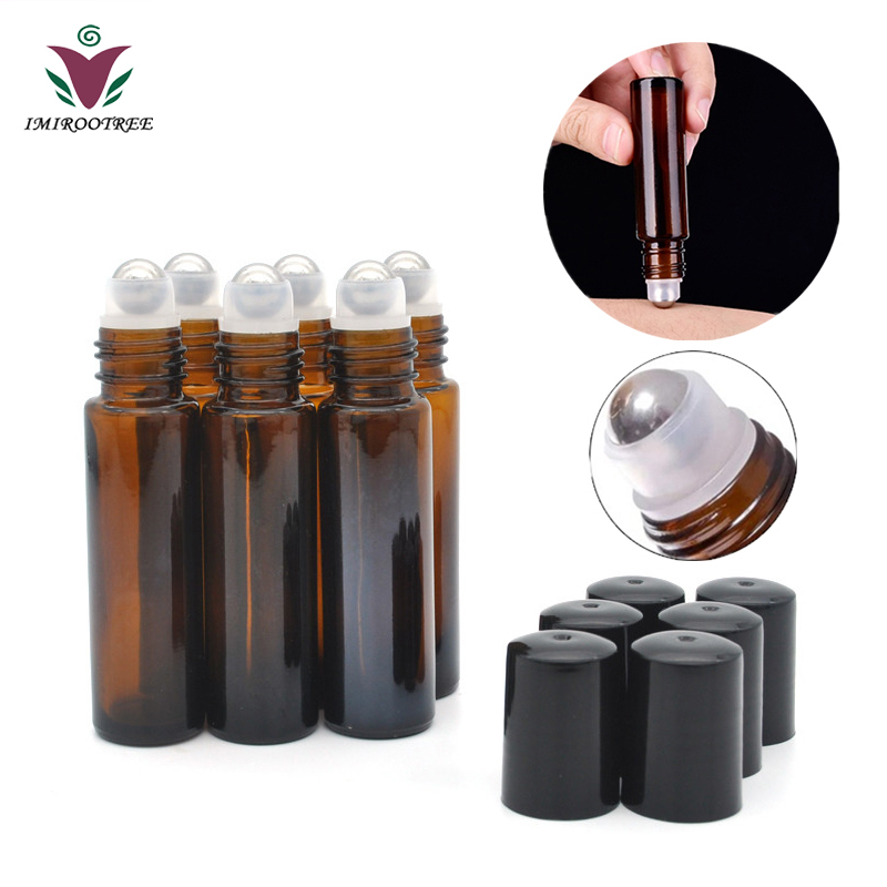 In Stock 10 ml Amber Brown Roll On Glass Bottles 10ml Thick Glass Roller Bottles with Black Caps Steel Roller for Essential Oils