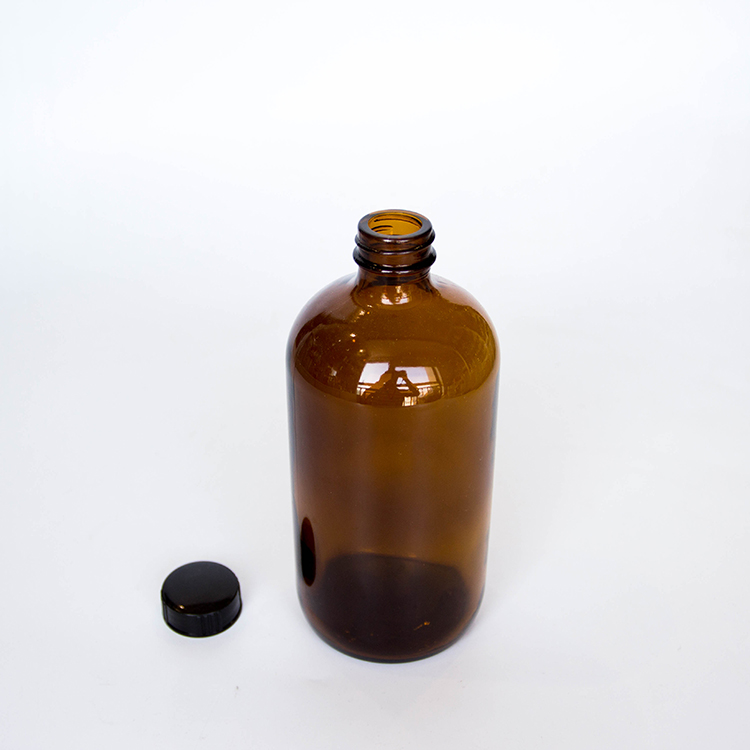 In Stock 16oz Amber Glass Boston Bottle For Cleaning Liquid Juice Essential Oil Storage With Plastic cap