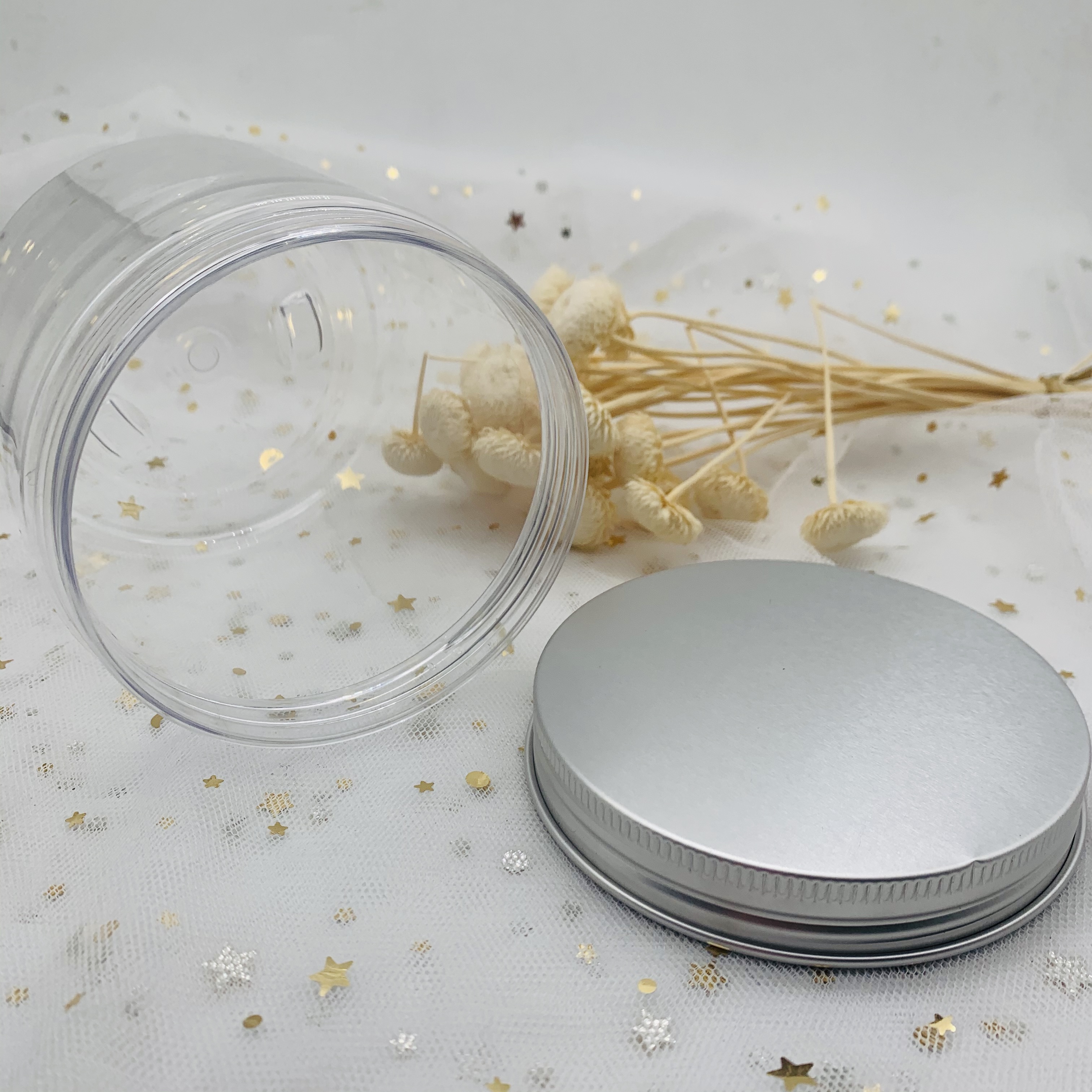 In Stock 200g Empty Clear Plastic PET Jar Container With Aluminum Lid
