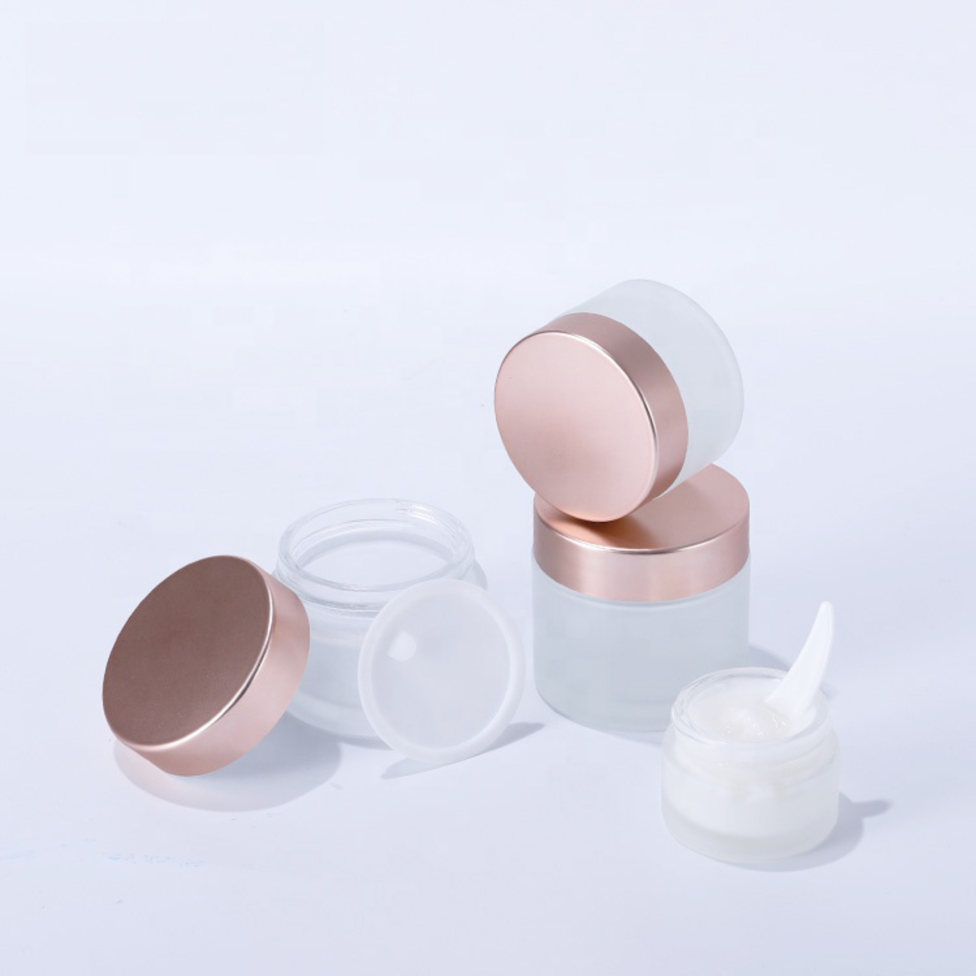 In Stock 50g Frosted Glass Cream Car 100g Transparent Glass Cosmetic Cream Jar With Rose Gold Aluminum Lid