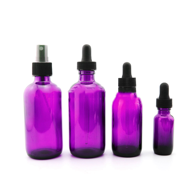In Stock Boston Round Glass Dropper Bottle Purple Essential Oil Vitamin C Serum CBD Dropper Bottle