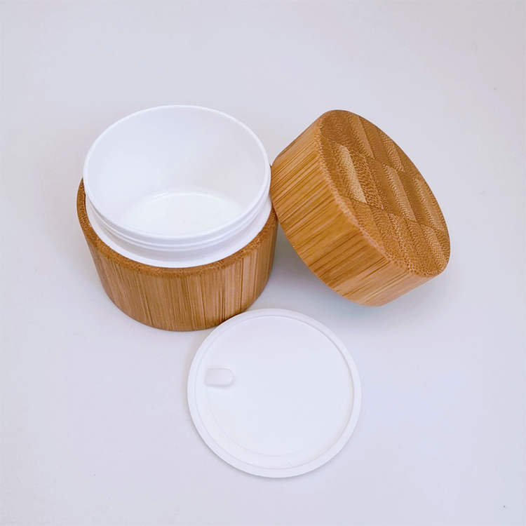 In Stock Low MOQ Round Shaped Bamboo Outside Plastic Inside Cosmetic Cream Jar Container