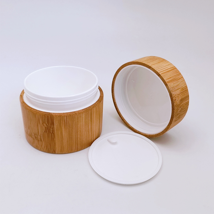 In Stock Low MOQ Round Shaped Bamboo Outside Plastic Inside Cosmetic Cream Jar Container