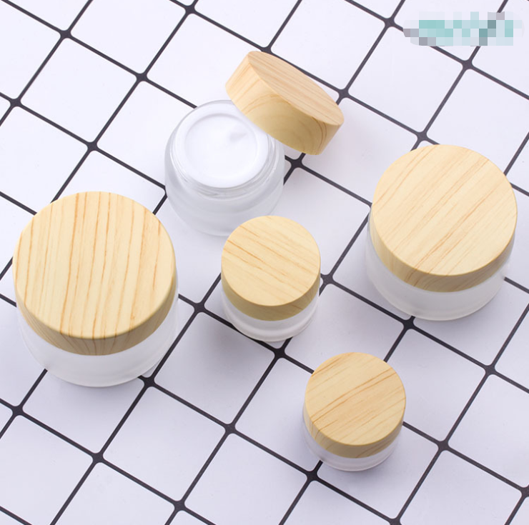 In Stock Plastic Wooden Grain Cap Clear Frosted Cosmetics Containers Glass Jars Bottles 5G 10G 15G 30G 50G 100G