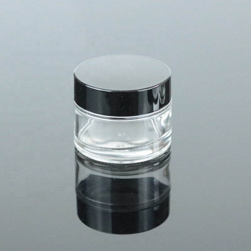 In Stock cosmetic container 50 ml clear glass jar 50ml with black lid for packaging (GJM02)