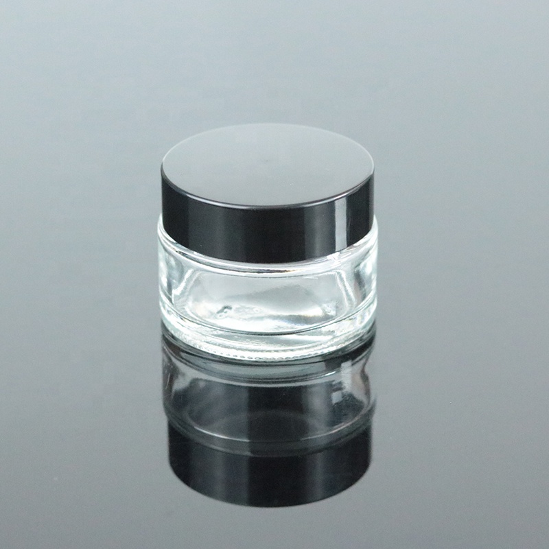 In Stock cosmetic container 50 ml clear glass jar 50ml with black lid for packaging (GJM02)