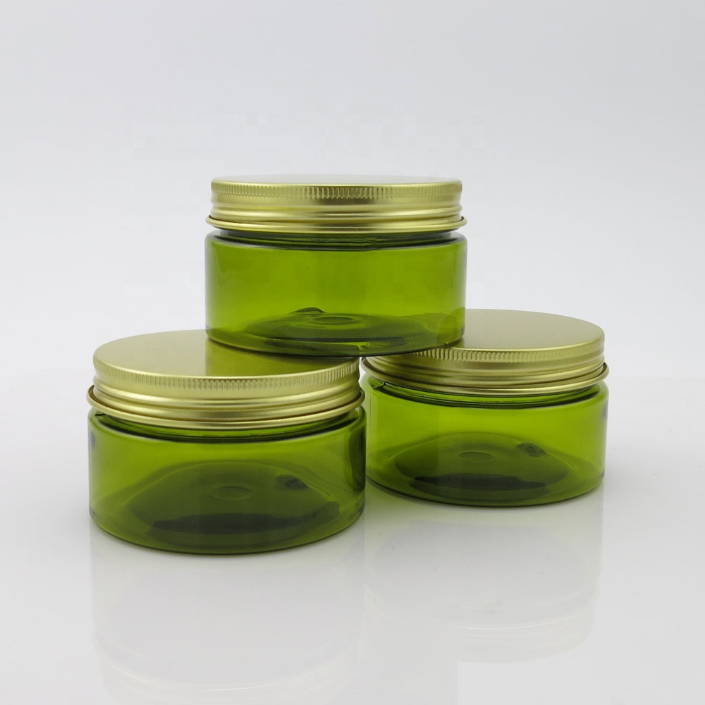 In stock 100ml green plastic pet jar for body cream with aluminum lid