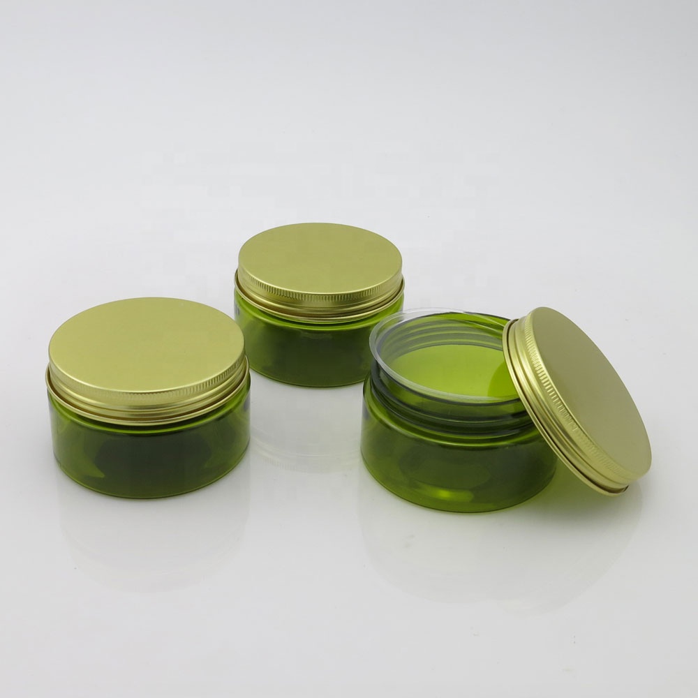 In stock 100ml green plastic pet jar for body cream with aluminum lid