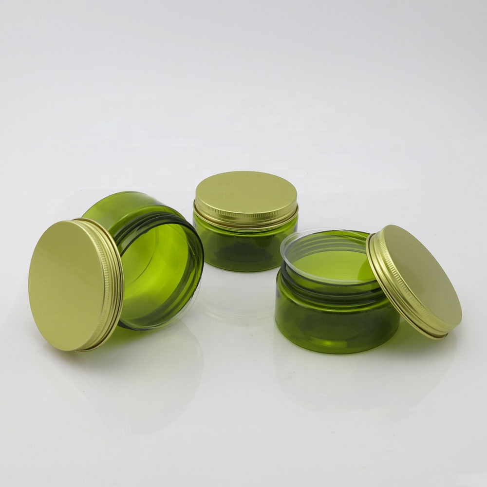 In stock 100ml green plastic pet jar for body cream with aluminum lid