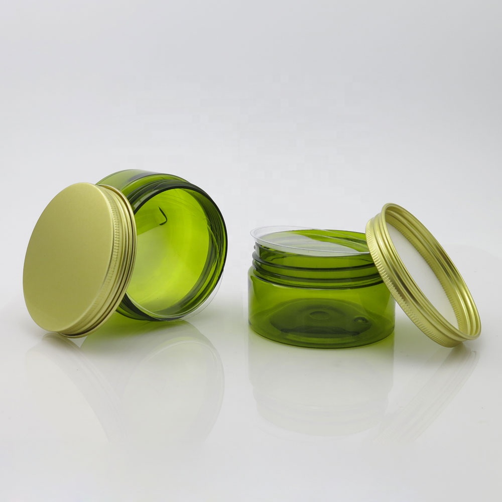 In stock 100ml green plastic pet jar for body cream with aluminum lid