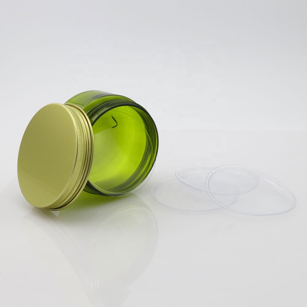 In stock 100ml green plastic pet jar for body cream with aluminum lid