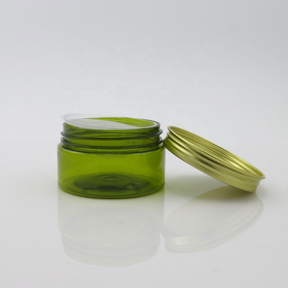 In stock 100ml green plastic pet jar for body cream with aluminum lid