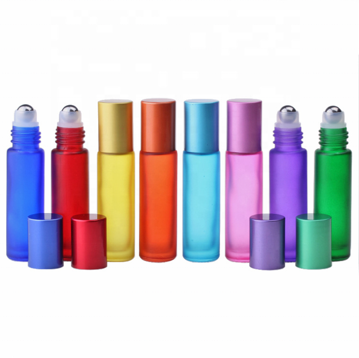 In stock !10ml Colorful Matte Roll On Glass Bottle Colorful Frosted Perfume Roller Bottle With Colorful Aluminum Cap