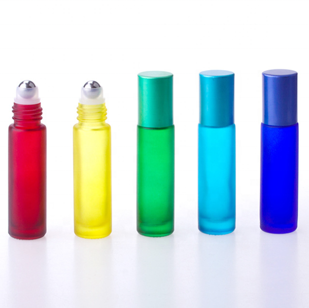 In stock !10ml Colorful Matte Roll On Glass Bottle Colorful Frosted Perfume Roller Bottle With Colorful Aluminum Cap
