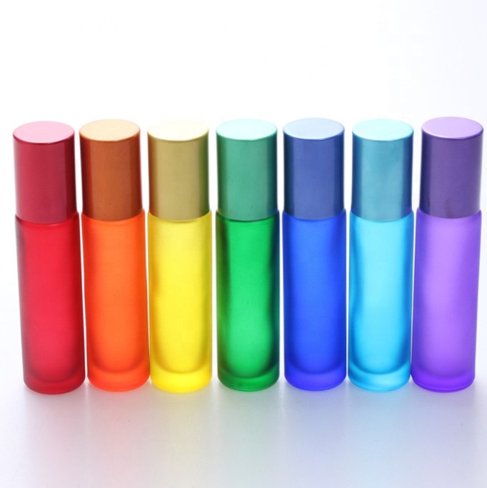 In stock !10ml Colorful Matte Roll On Glass Bottle Colorful Frosted Perfume Roller Bottle With Colorful Aluminum Cap