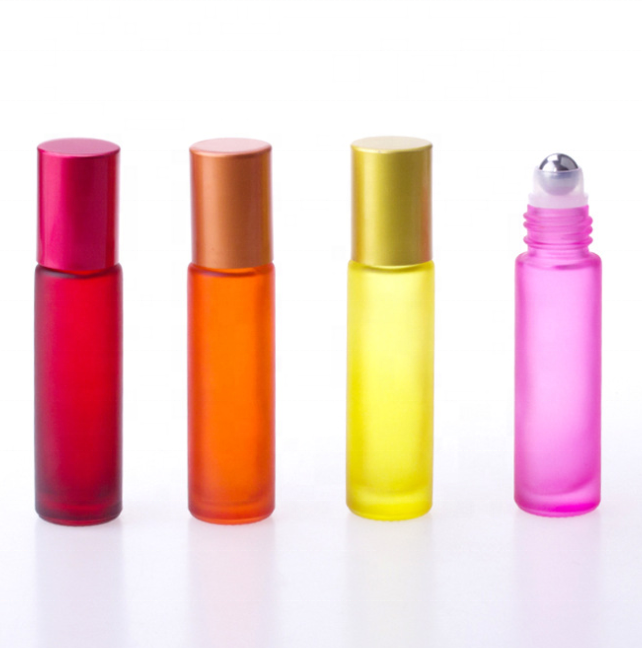 In stock !10ml Colorful Matte Roll On Glass Bottle Colorful Frosted Perfume Roller Bottle With Colorful Aluminum Cap