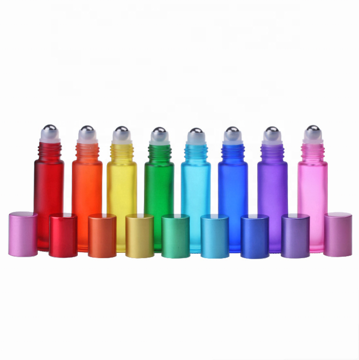 In stock !10ml Colorful Matte Roll On Glass Bottle Colorful Frosted Perfume Roller Bottle With Colorful Aluminum Cap