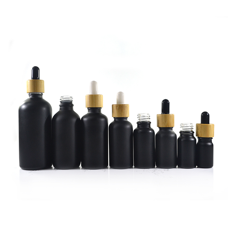 In stock 1oz 30ml matte frosted black glass essential oil bottles with bamboo dropper cap