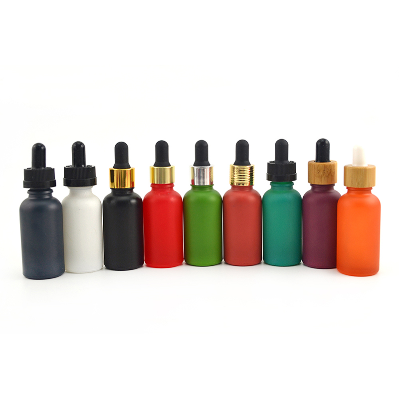 In stock 1oz 30ml matte frosted black glass essential oil bottles with bamboo dropper cap