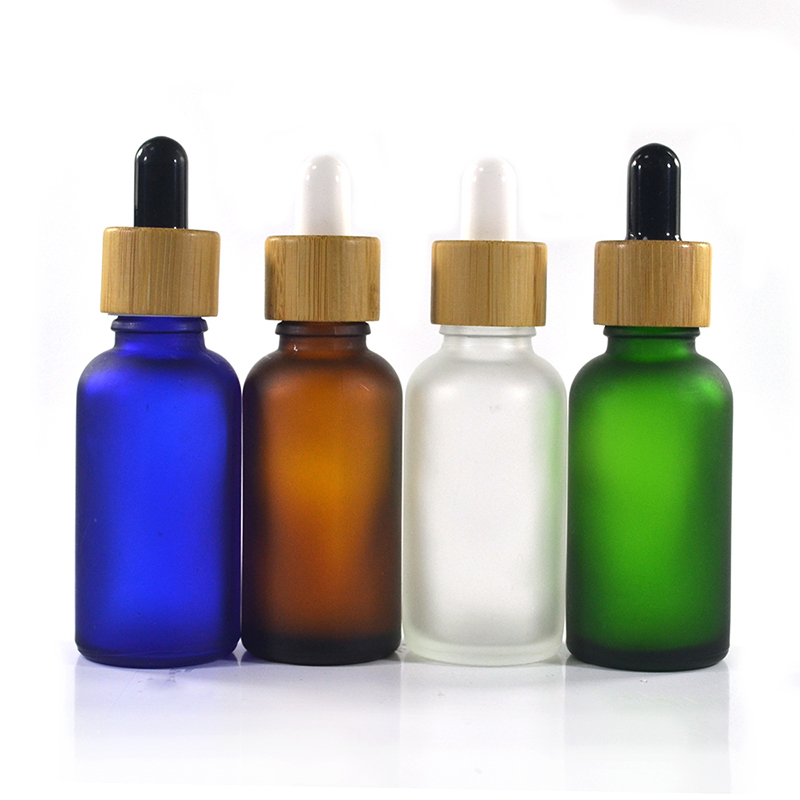 In stock 1oz 30ml matte frosted black glass essential oil bottles with bamboo dropper cap