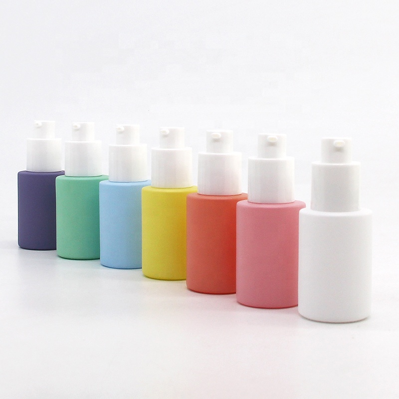 In stock 1oz 30ml pump serum bottle pastel colors pink blue purple for cosmetic packaging