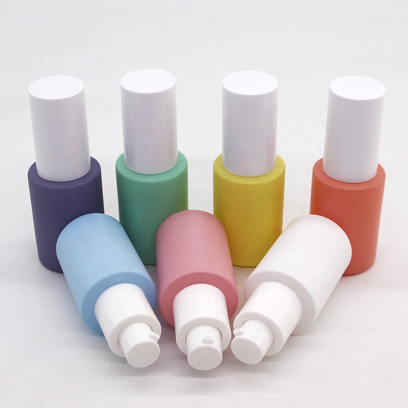 In stock 1oz 30ml pump serum bottle pastel colors pink blue purple for cosmetic packaging