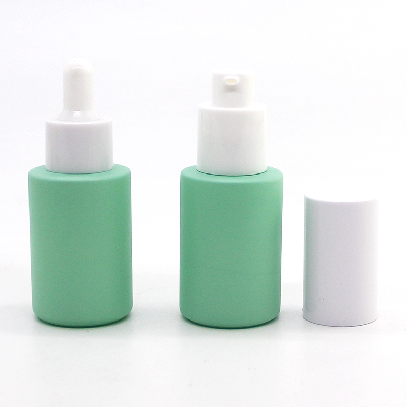 In stock 1oz 30ml pump serum bottle pastel colors pink blue purple for cosmetic packaging