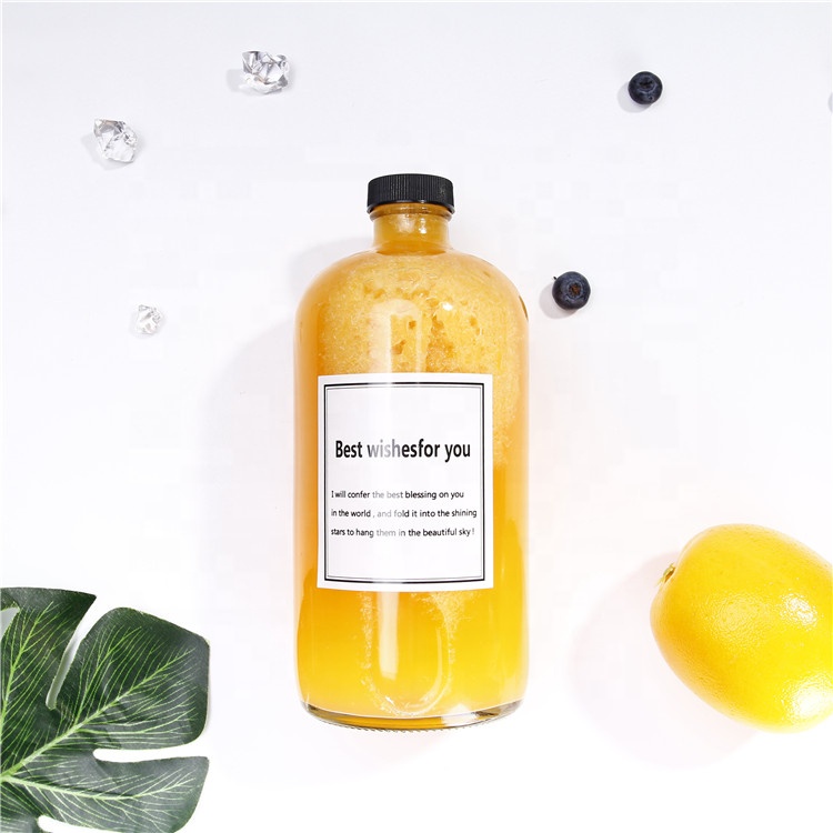 In stock 250ml 500ml 1000ml round shape glass juice container bottles cheap with plasic aluminum lids