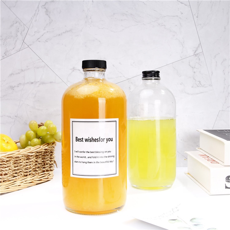In stock 250ml 500ml 1000ml round shape glass juice container bottles cheap with plasic aluminum lids
