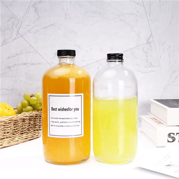In stock 250ml 500ml 1000ml round shape glass juice container bottles cheap with plasic aluminum lids