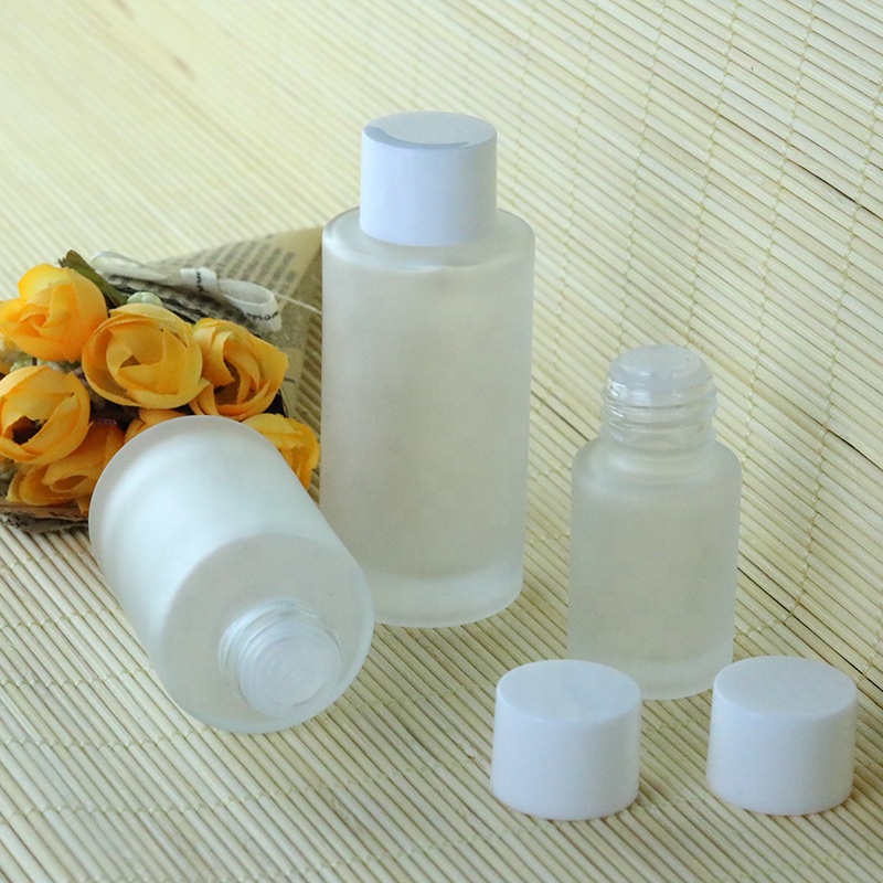 In stock 30ml 60ml 100ml 120ml flat shoulder frosted glass bottle toner with screw cap (EPG29)