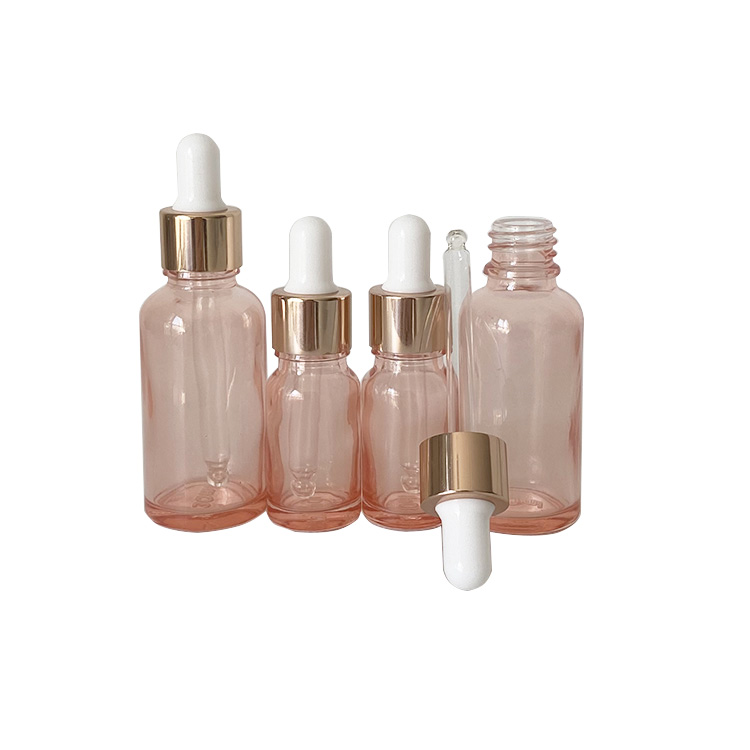 In stock 30ml pink glass bottle with rose gold dropper for essential oil serum packing