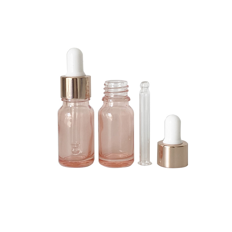 In stock 30ml pink glass bottle with rose gold dropper for essential oil serum packing