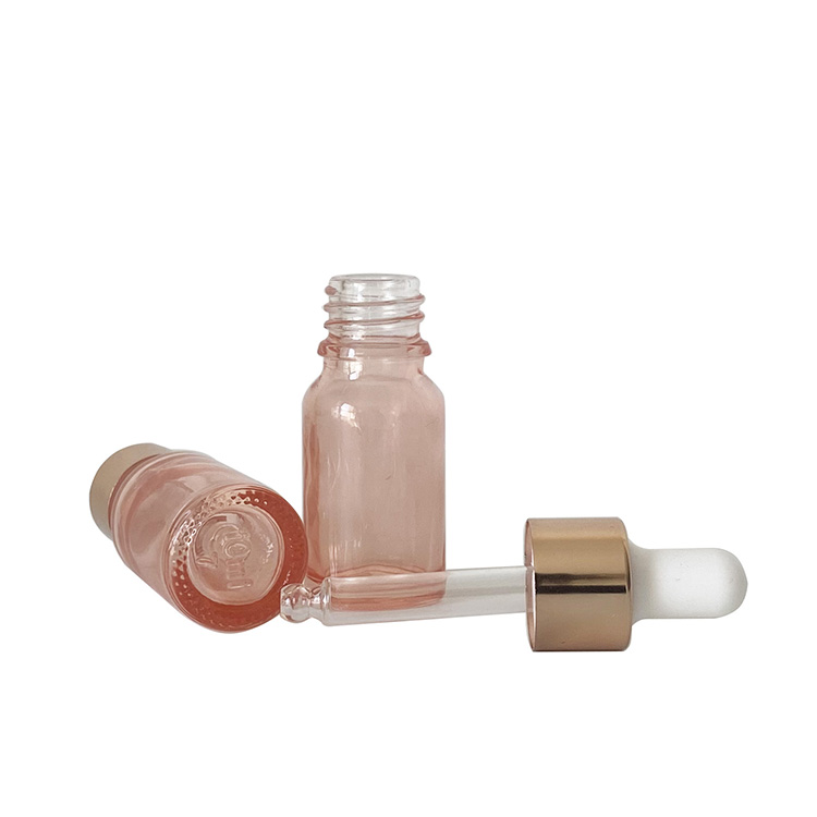 In stock 30ml pink glass bottle with rose gold dropper for essential oil serum packing
