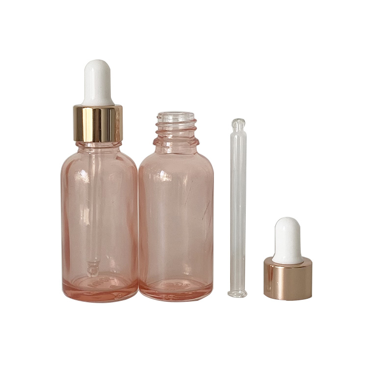 In stock 30ml pink glass bottle with rose gold dropper for essential oil serum packing